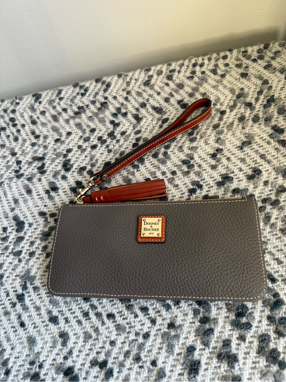 NWT Dooney & Bourke Gray Pebbled Leather Wristlet with Brown Strap and Tassel